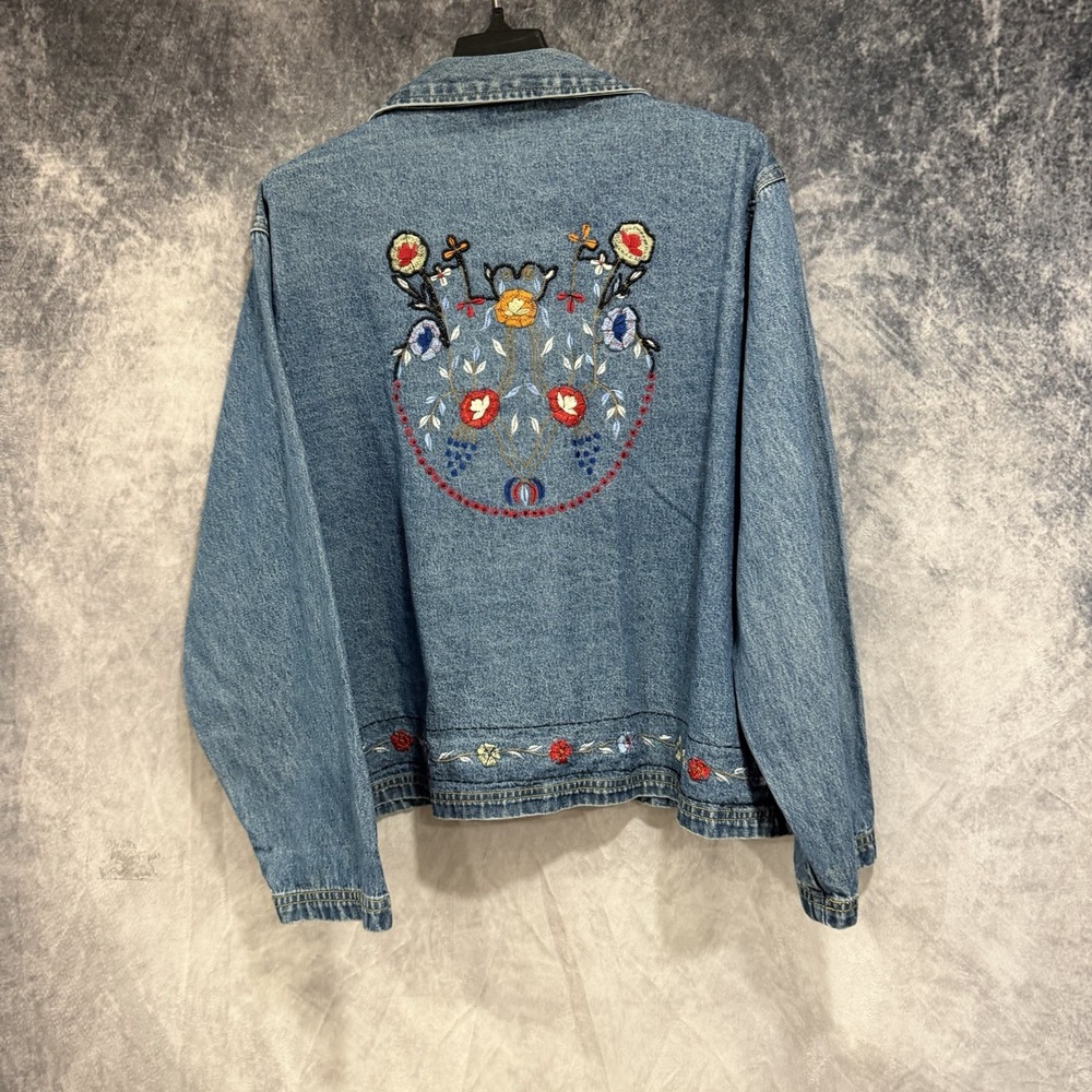 S Collection Women's 2X Blue Denim Jacket Floral Embroidered Button Front Boho